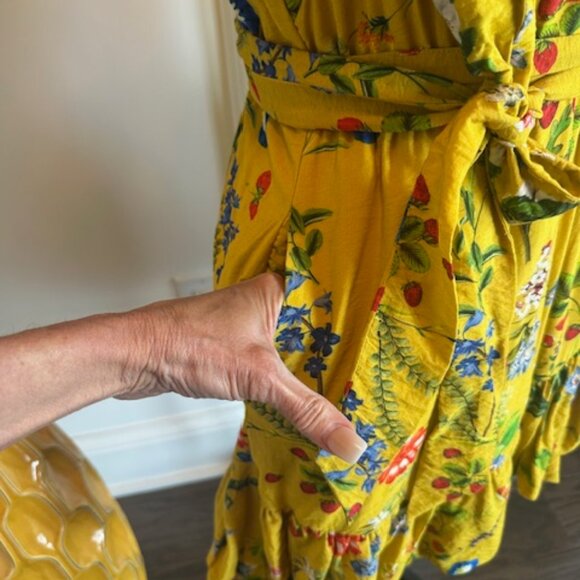 Anthropologie Maeve Floral Faux Wrap strawberry Gold Mustard Yellow Dress - Picture 5 of 16